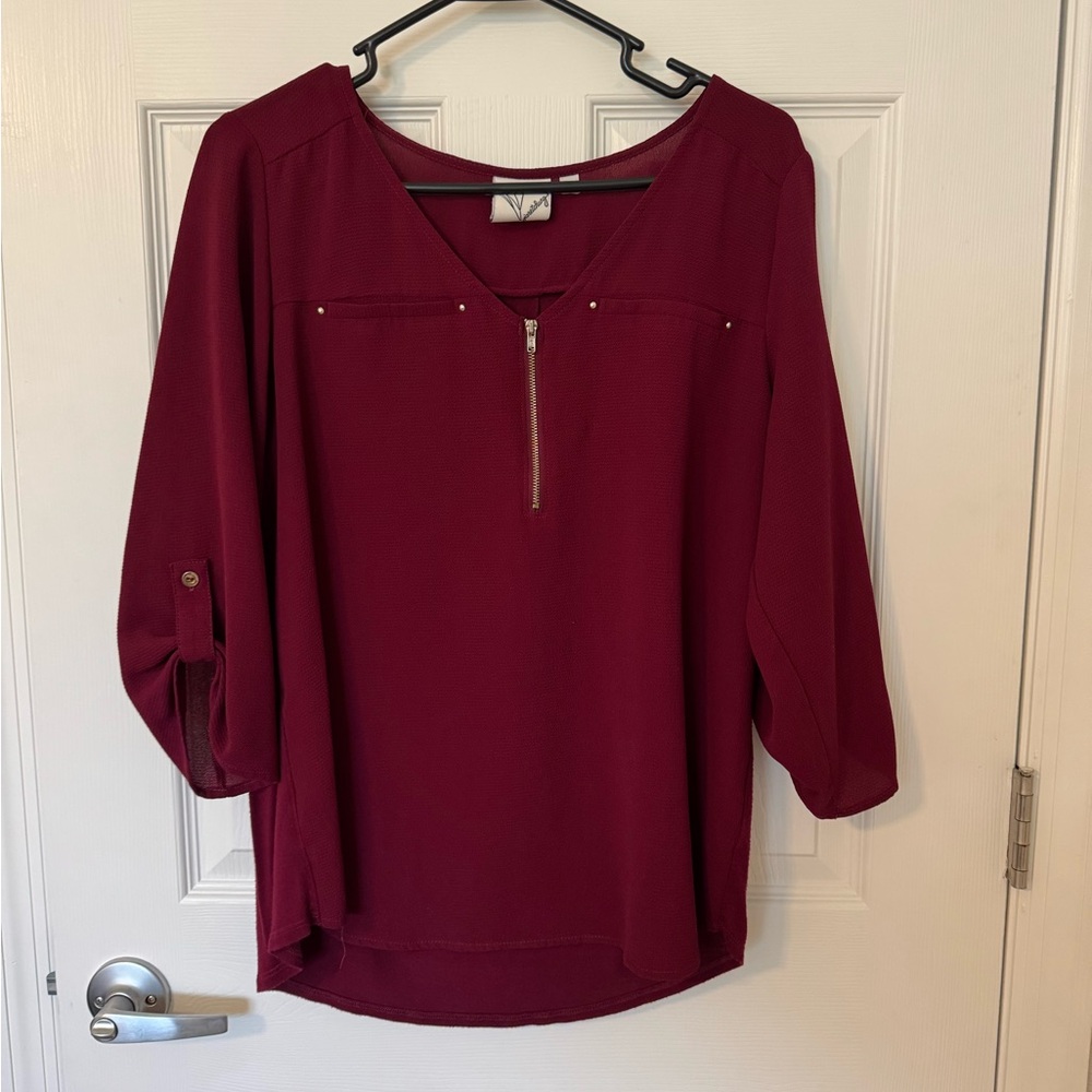 Janet Chung Burgundy V-Neck Blouse with Gold Zipper Detail. Large